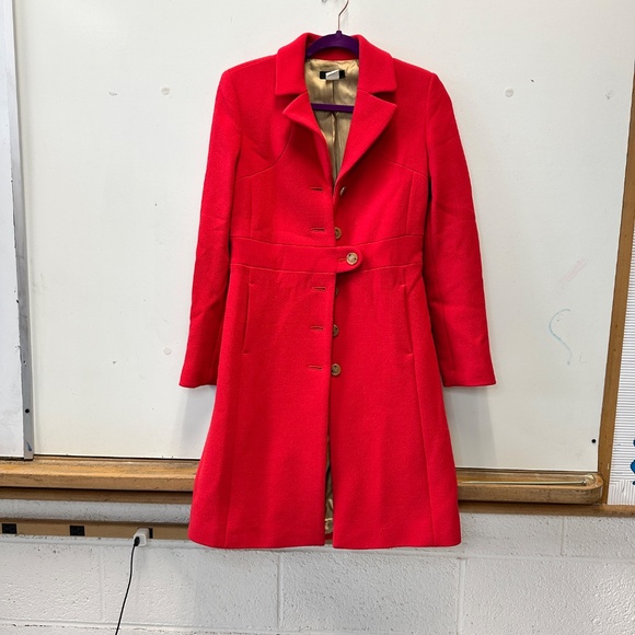 J Crew Wool Lady Day Coat Red Size 2 Button Up Lined With Pockets - Picture 2 of 16
